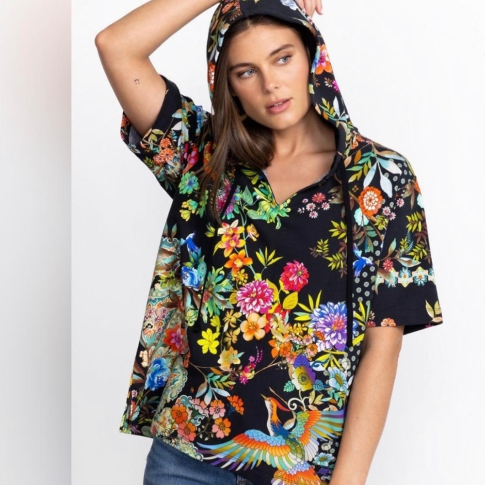 Floral Print Hooded Women’s Top - Black Multi
